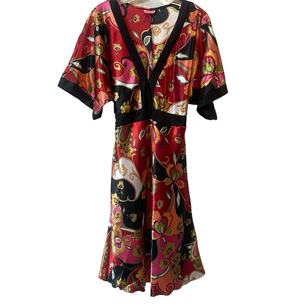 ShesCool Boho Floral Maxi Dress 1X Satin Retro Kimono Sleeve Festival Flowy Wear - Picture 8 of 9